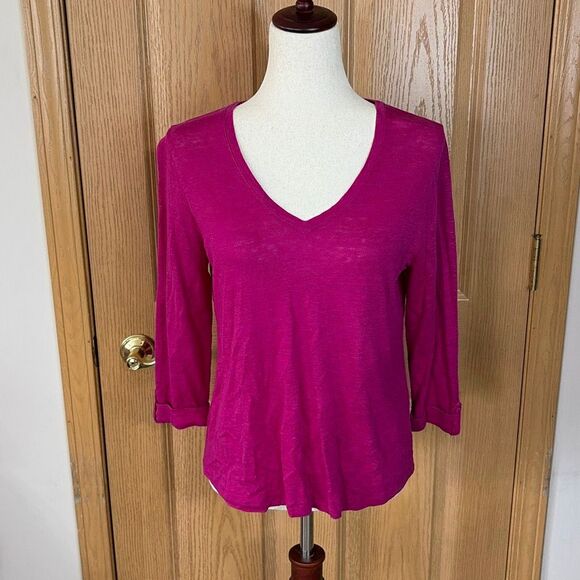 Chico’s Pink Linen V-Neck Top Women’s Size 1 US M 3/4 Sleeve - Picture 2 of 7
